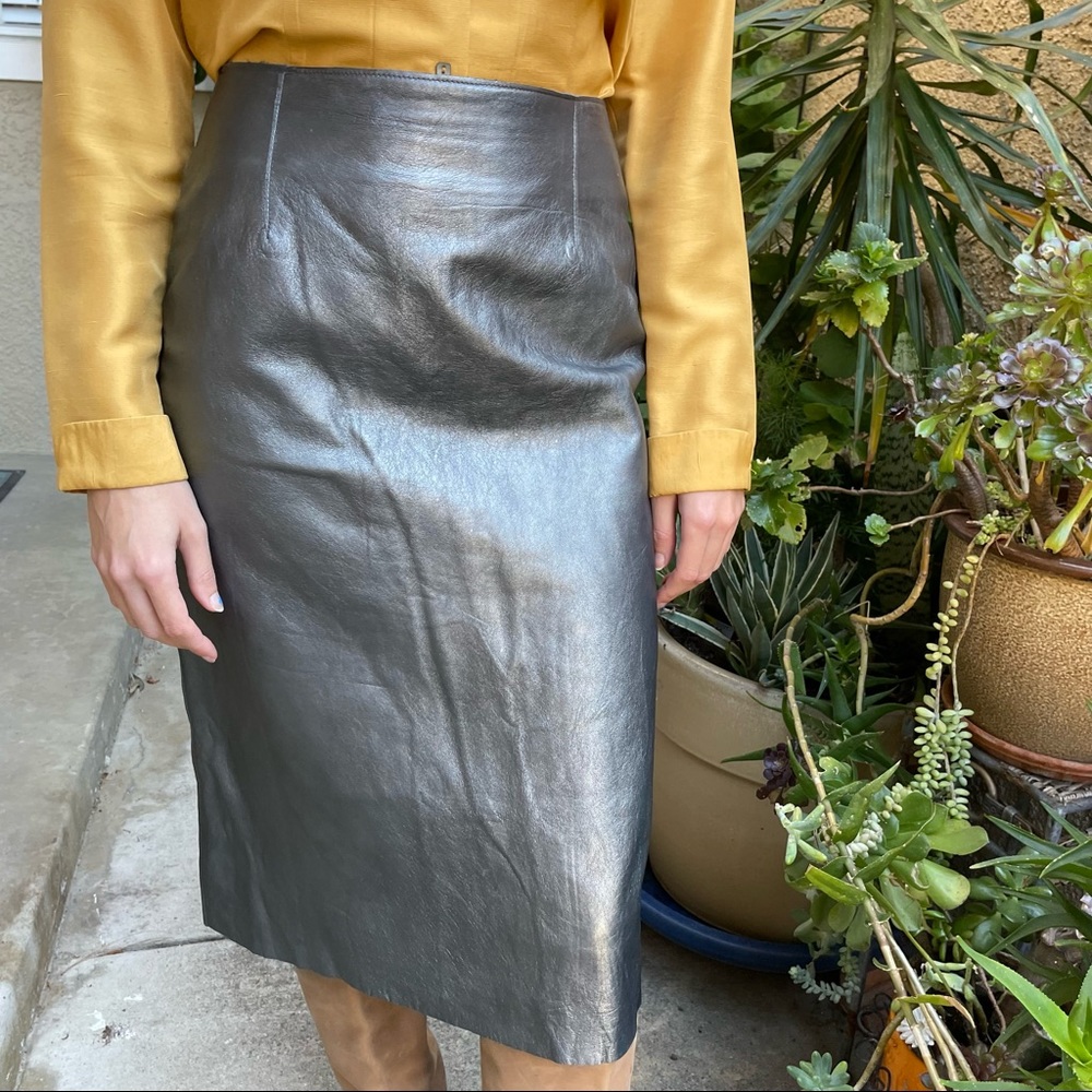 Vintage silver BCBG genuine leather midi skirt